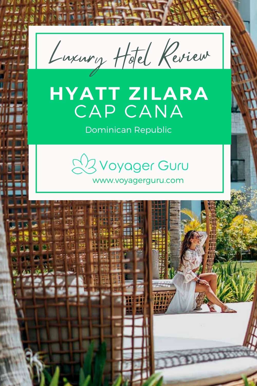 Pinterest Pin for Hyatt Zilara Cap Cana woman on chair