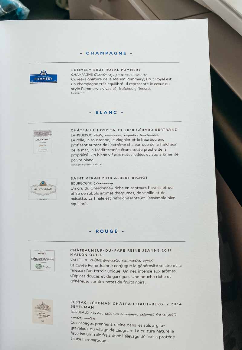 Wine list air france business